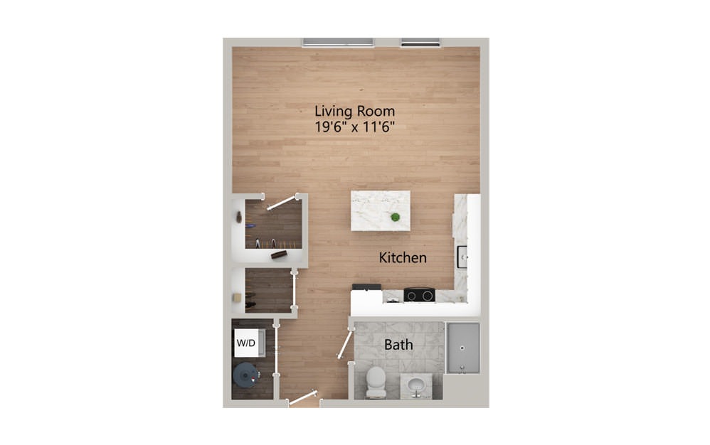S - Studio - Studio floorplan layout with 1 bath and 528 to 534 square feet.