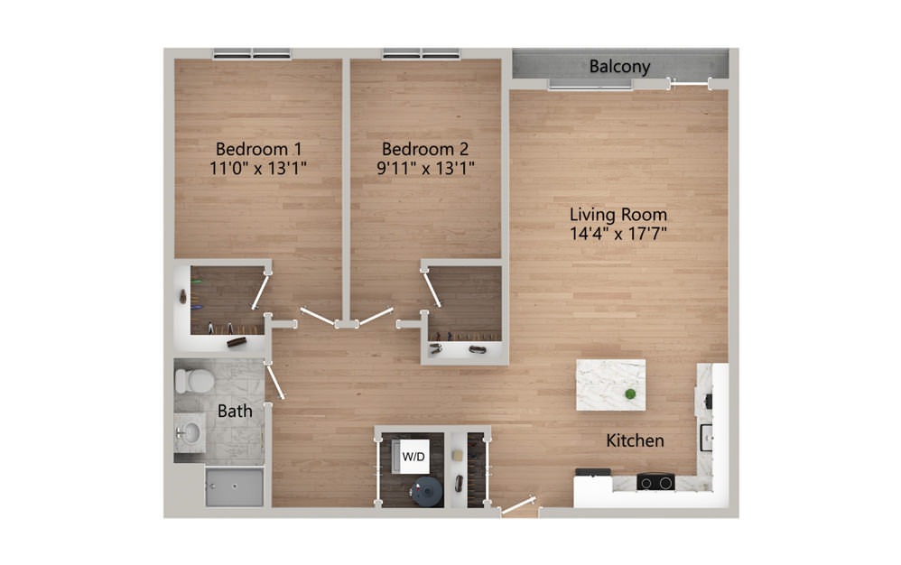 B - 2 Bed/1 Bath - 2 bedroom floorplan layout with 1 bath and 984 to 1036 square feet.
