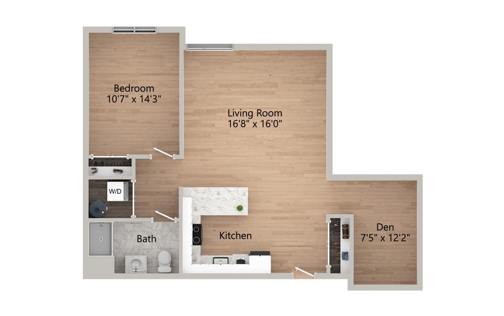GG - 1 Bedroom w/Den - 1 bedroom floorplan layout with 1 bath and 837 to 865 square feet.