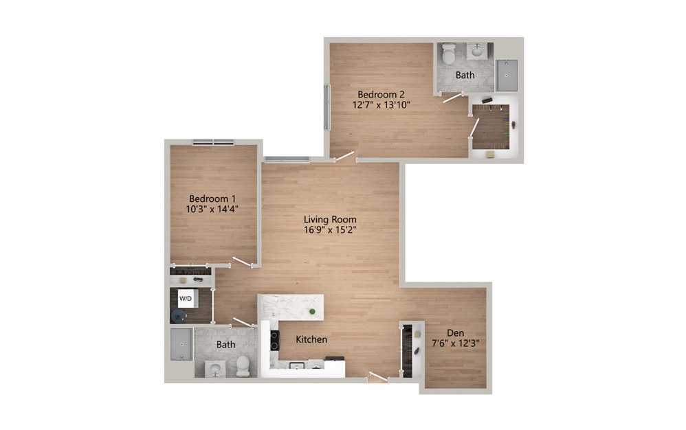 J - 2 Bedroom/2 Bath - 2 bedroom floorplan layout with 2 baths and 1192 square feet.