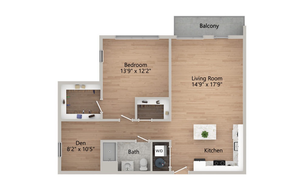 H - 1 Bedroom w/Den - 1 bedroom floorplan layout with 1 bath and 948 square feet.