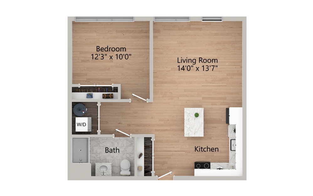 KK - 1 Bed/1 Bath - 1 bedroom floorplan layout with 1 bath and 651 to 684 square feet.